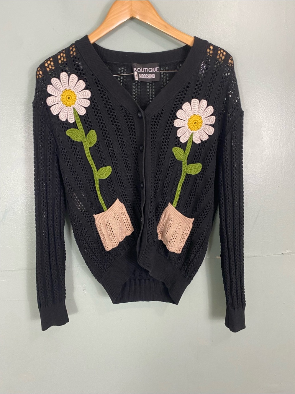 Boutique Moschino Daisies In My Pockets Cardigan Black Floral Size 4 - Picture 2 of 9